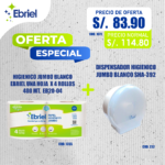 4 ROLLOS DE PAPEL HIGIÉNICO JUMBO DE 400 MT. C/U + DISPENSADOR COLOR BLANCO