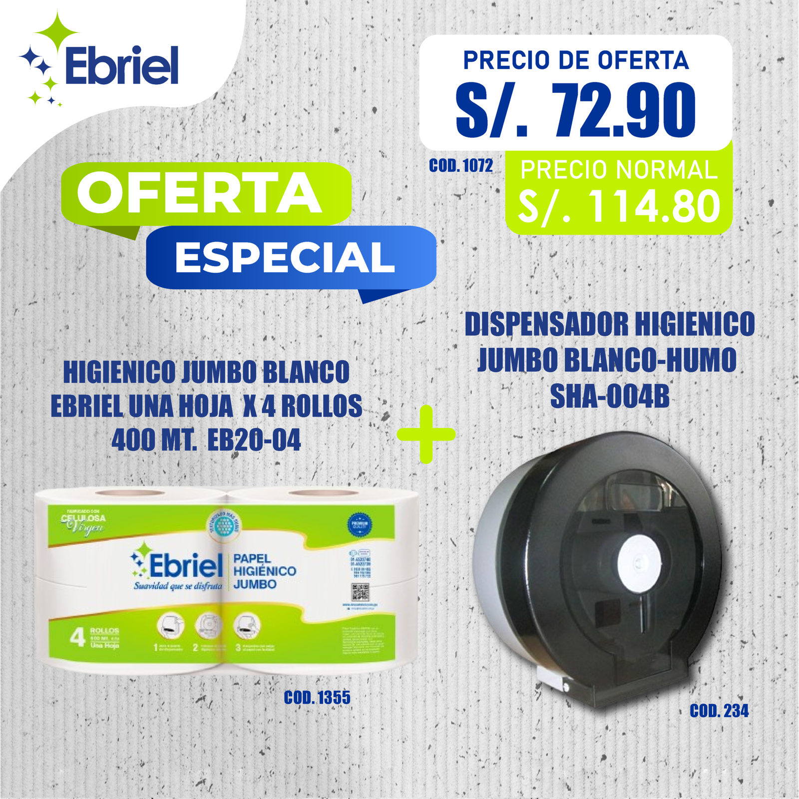PROMOCION 1072 4 ROLLOS DE PAPEL HIGIÉNICO JUMBO DE 400 MT. C/U + DISPENSADOR COLOR HUMO - Imagen 1